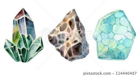 Crystal and stone in jurassic peroid . Watercolor painting style . Illustration . Crystal and stone in jurassic peroid . Watercolor painting style . Illustration . 114440487