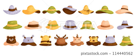 Cartoon hats. Female,male and kids headwear, derby and cowboy, straw hat, panama. Summer women vintage fashion hats vector set. Illustration female,male and Kids accessory hat. 114440562
