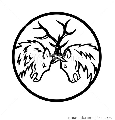 Bull Elk or Wapiti in Fighting in Rut Circle Mascot Retro 114440570