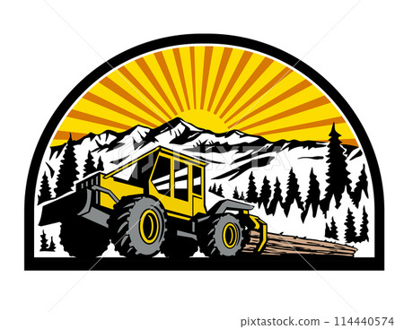 Cable Skidder Pulling Tree with Mountains in Half Circle Retro Style 114440574