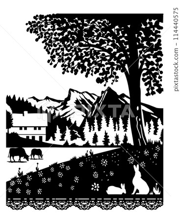 Cow and Rabbit in Diemtigtal Nature Park in Bern Switzerland Swiss Scherenschnitte Paper Cut Style 114440575
