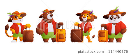 Set of cartoon animal travelers. A lion, a bear, a tiger, a panda in a summer red shirt, green shorts and a hat with feathers are holding a suitcase. Character ready for vacation, travel and summer. 114440576