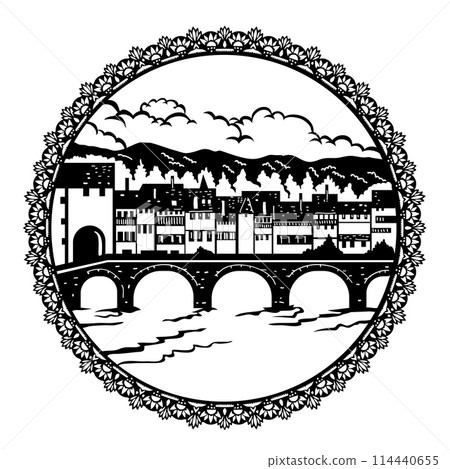 Bridge at St Ursanne in Doubs Nature Park in Switzerland Swiss Scherenschnitte Paper Cut Style Bridge at St Ursanne in Doubs Nature Park in Switzerland Swiss Scherenschnitte Paper Cut Style 114440655