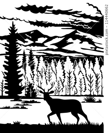 Mule Deer in Capitan Mountains in Lincoln County New Mexico Scherenschnitte Paper Cut Style Mule Deer in Capitan Mountains in Lincoln County New Mexico Scherenschnitte Paper Cut Style 114440662