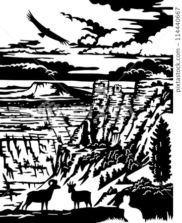 Bighorn Sheep in South Rim Grand Canyon National Park Swiss Scherenschnitte Paper Cut Style 114440667