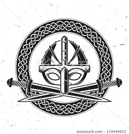 Viking helmet with crossed battle sword and national viking seamless ornament borders. Vector illustration. For emblems, labels and logos. Monochrome style. Viking helmet with crossed battle sword and national viking seamless ornament borders. Vector illustration. For emblems, labels and logos. Monochrome style. 114440933