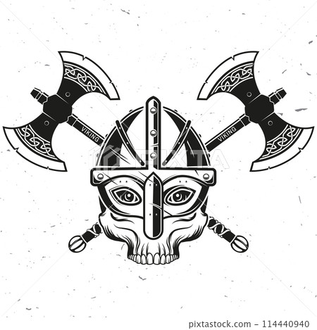 Skull Viking with Crossed Axe. Vector illustration. For viking emblems, labels and logos. Monochrome style. Skull Viking with Crossed Axe. Vector illustration. For viking emblems, labels and logos. Monochrome style. 114440940