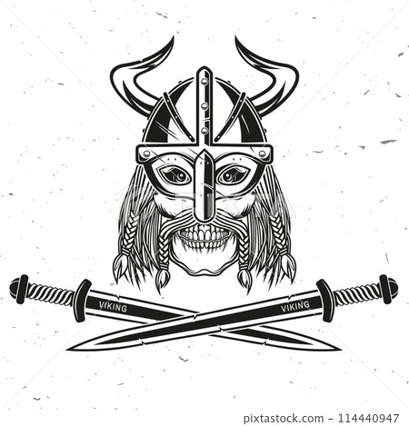 Skull Viking with Crossed battle sword. Vector illustration. For viking emblems, labels and logos. Monochrome style. Skull Viking with Crossed battle sword. Vector illustration. For viking emblems, labels and logos. Monochrome style. 114440947