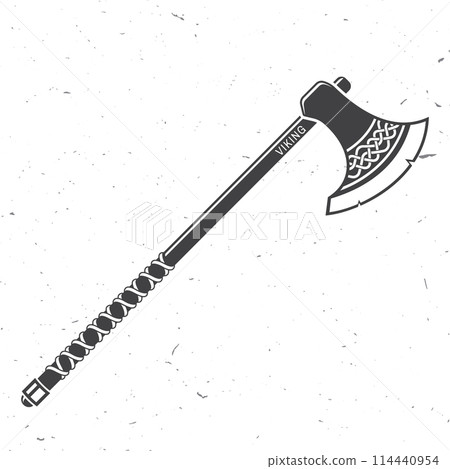 Axe Medieval Weapon. Vector illustration. Viking battle axe with national seamless ornament, vintage monochrome style. 114440954