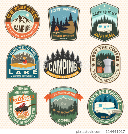 Set of Summer camp patches. Vector. Concept for shirt or logo, print, stamp, patch or tee. Stickers with steak in a pan, kayaker, bear, campfire, forest, mountain. 114441017