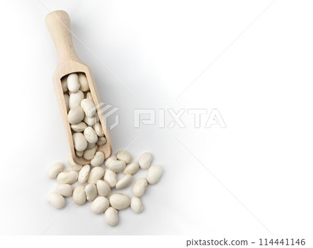 wooden scoop of white kidney beans close up, top view wooden scoop of white kidney beans close up, top view 114441146