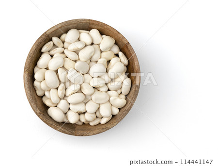 white beans in wooden bowl on white background, top view white beans in wooden bowl on white background, top view 114441147