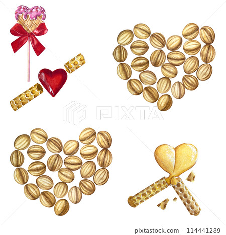 Watercolor seamless pattern. Hand drawn design. Watercolor illustration, dough nuts and waffle tubes with cream hearts. 114441289