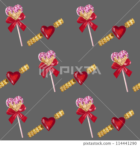 Watercolor seamless pattern. Hand drawn design. Watercolor illustration, dough nuts and waffle tubes with cream hearts. 114441290