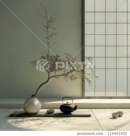 A tree planted in a vase sits by the window in a room with a grey teapot on a wooden table. A branch and twig stretch towards the door 114441432