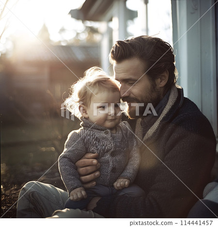 Father and Toddler Enjoying a Warm Sunny Moment Together Outdoors 114441457