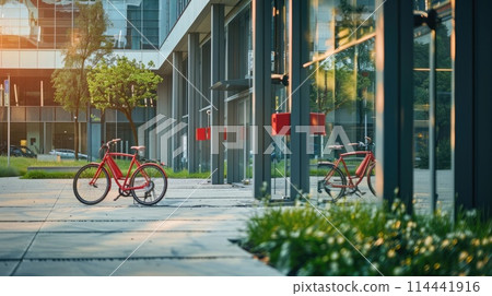Image of a bike-sharing station set outside a corporate edifice, encouraging eco-friendly and alternate commuting ways for employees. Corporate carbon reduction Image of a bike-sharing station set outside a corporate edifice, encouraging eco-friendly and alternate commuting ways for employees. Corporate carbon reduction 114441916
