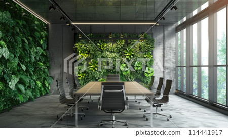 Shot of the corporate meeting space boasting a lush green living wall, underscoring the importance of biophilic design for well-being and carbon control. Corporate carbon reduction Shot of the corporate meeting space boasting a lush green living wall, underscoring the importance of biophilic design for well-being and carbon control. Corporate carbon reduction 114441917