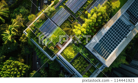 Bird's eye view of a corporate structure sporting a green roof and solar panels, exemplifying eco-friendly practices in contemporary design. Corporate carbon reduction 114441925