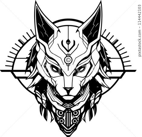 A sphinx cat with a menacing look on its face. The cat is surrounded by a diamond shape. 114442103