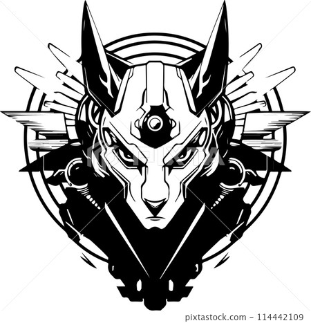 A sphinx cat with a menacing look on its face. The cat is surrounded by a diamond shape. 114442109