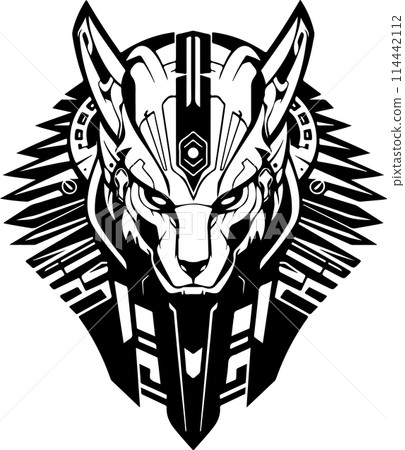 A sphinx cat with a menacing look on its face. The cat is surrounded by a diamond shape. 114442112