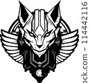 A sphinx cat with a menacing look on its face. The cat is surrounded by a diamond shape. 114442116