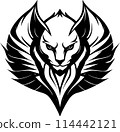 A sphinx cat with a menacing look on its face. The cat is surrounded by a diamond shape. 114442121