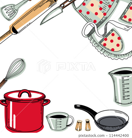 Frame with kitchen utensils: red saucepan, frying pan, polka dot apron, whisk, knife, salt shaker, pepper mill, cooking spatula, whisk. Vector illustration. For kitchen, stove, design. 114442400