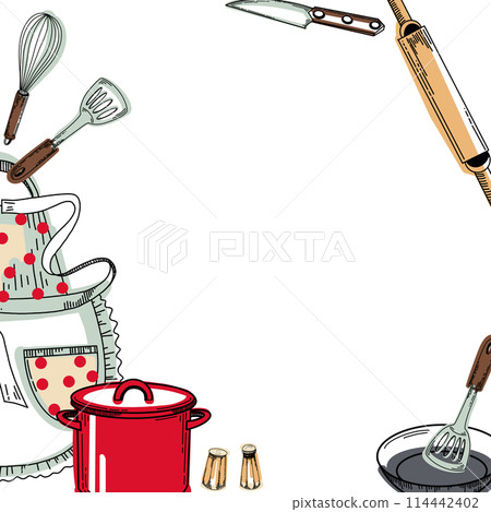 Frame with kitchen utensils: a red saucepan, a frying pan, a polka dot apron, a whisk, a knife, a salt shaker, a pepper mill, a cooking spatula. Vector illustration. For kitchen, stove, design. 114442402