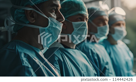 Team of surgeons stand in operating room 114442426
