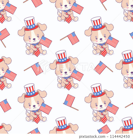 Seamless pattern with patriotic cartoon dog wearing symbolic hat, tie and American flag on white background. Vector illustration for design national traditional holidays and Independence Day. 114442450