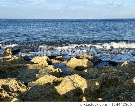 Beautiful seascape with rocks, sea and blue sky at Sliema, Malta. 114442560