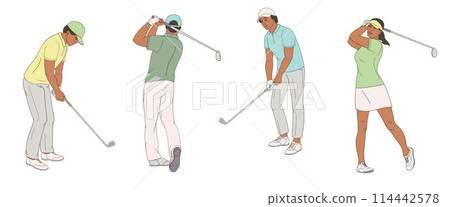 golf players African American male and female characters with clubs  114442578