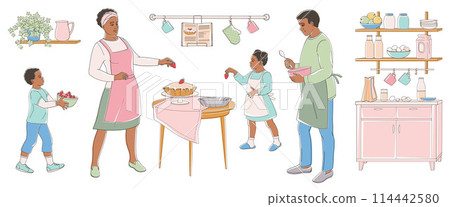African American characters -  parents with children preparing strawberries cake. Family working together. Hand drawn outline color illustration 114442580