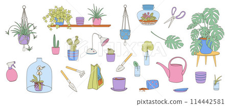 set elements about indoor greenery and home plants with plant pot, plants, watering can, grow lamp 114442581