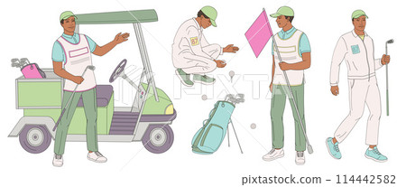 smiling golf club staff part 3 African American male caddie, golf cart, caddy man with flag, golf ball, clubs, golf bag smiling golf club staff part 3 African American male caddie, golf cart, caddy man with flag, golf ball, clubs, golf bag 114442582