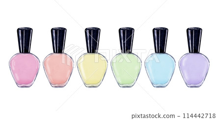 Nail polish bottles in delicate pastel colors. Streamline glossy glass with black cap. Nail care. Multicolored via. Watercolor illustration. As template for manicure design 114442718
