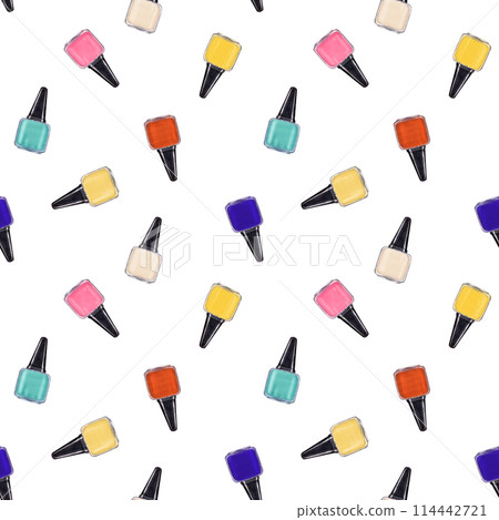 Flying bottles of multicolored nail polish. Seamless pattern of bottle in contrasting bright colors. Nail care. Manicure and pedicure accessories. Watercolor illustration in nostalgia color style Flying bottles of multicolored nail polish. Seamless pattern of bottle in contrasting bright colors. Nail care. Manicure and pedicure accessories. Watercolor illustration in nostalgia color style 114442721