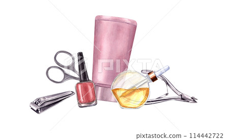Manicure tools. Nail care accessories. Hand cream, cosmetic oil, metallic cuticle trimmer, nail clippers and scissors. Red nail polish. Watercolor illustration for package, label Manicure tools. Nail care accessories. Hand cream, cosmetic oil, metallic cuticle trimmer, nail clippers and scissors. Red nail polish. Watercolor illustration for package, label 114442722