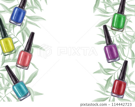 Nail polish bottles in contrasting bright colors. Multicolored manicure accessories against background of leaves. Frame with copy space for text. Nail care. Beauty cosmetic. Watercolor illustration 114442723