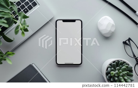 mock-up smart phone modern communication device on table, top view 114442781
