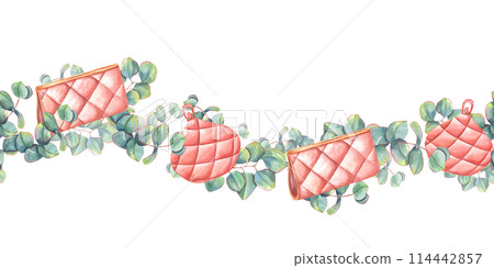 Pink women clutches and eucalyptus branches. Vintage horizontal border with fashion accessories, fresh summer plants. Small leather handbag with gold insert. Watercolor illustration for party design 114442857