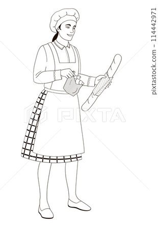 female  character baker in uniform holding paper bag with fresh croissants and baguette bread female  character baker in uniform holding paper bag with fresh croissants and baguette bread 114442971