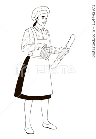 female  character baker in uniform holding paper bag with fresh croissants and baguette bread 114442973