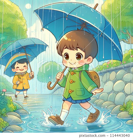 下雨天穿雨衣撐傘的男孩 下雨天穿雨衣撐傘的男孩 114443040
