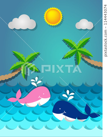 Whale swimming in the sea and coconut tree on the beach with the sun for summer concept 114443074
