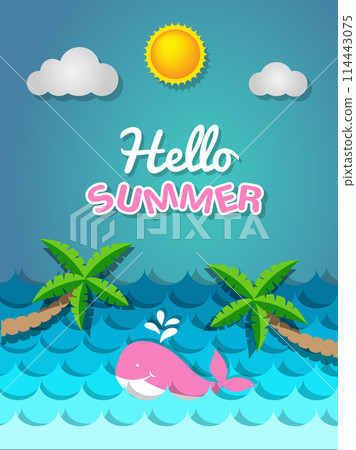 Whale swimming in the sea and coconut tree with the sun for summer concept 114443075
