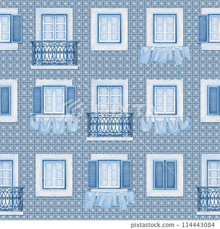 Balconies and windows in a seamless pattern with wooden shutters and laundry on a rope on an old city street in blue and white monochrome colors. For background, wrapping paper, fabric. 114443084