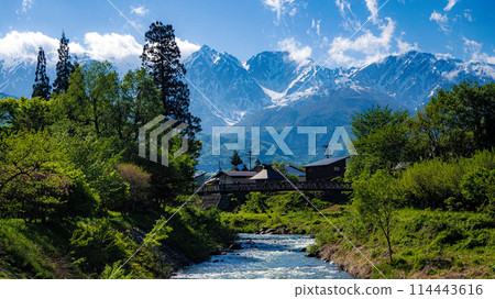 長野縣白馬村白雪皚皚的北阿爾卑斯山和松川歌公園 114443616